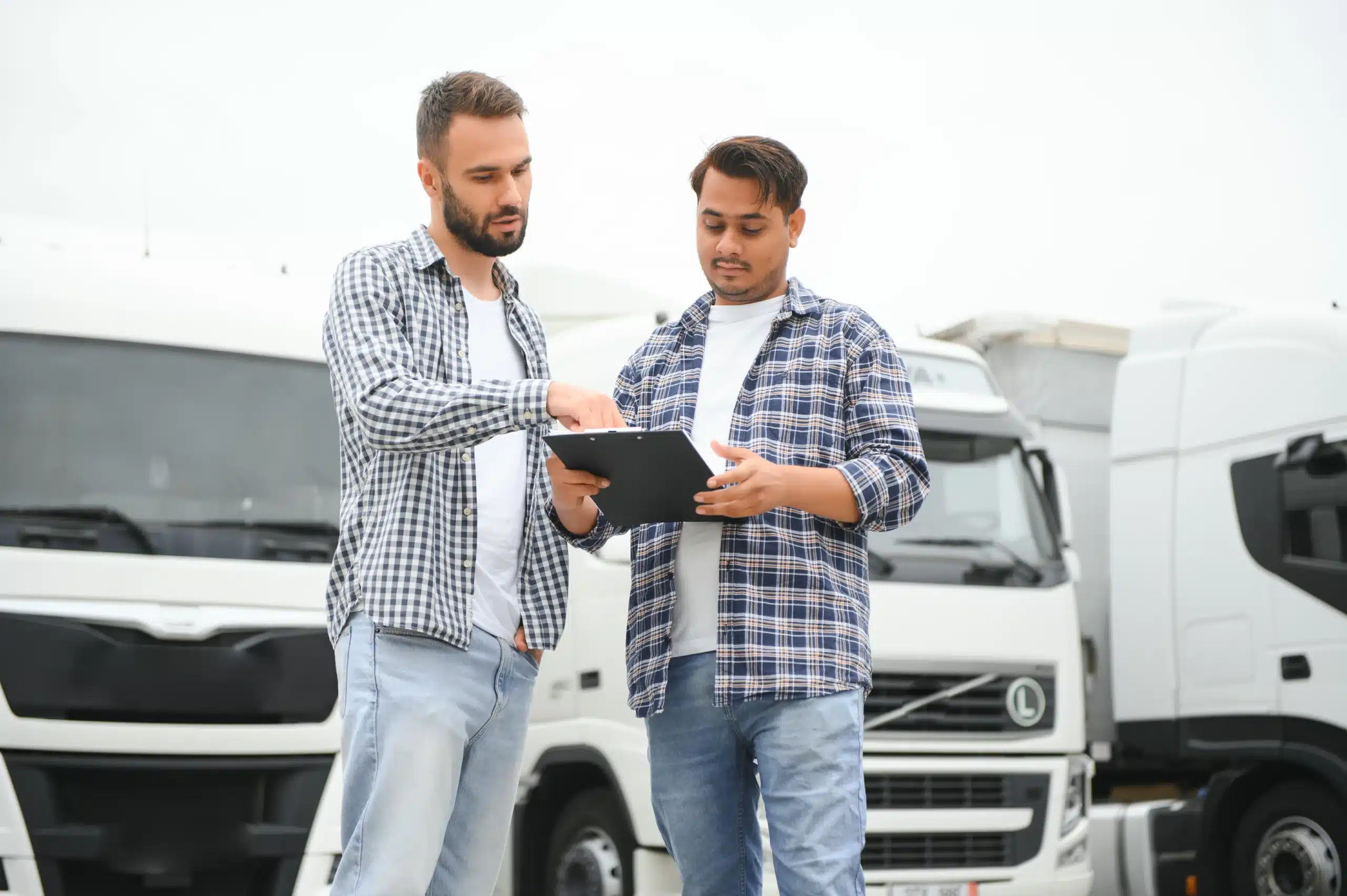 Two men review documents on a clipboard